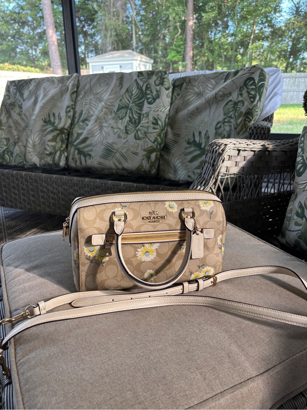 Coach Beige Floral Signature Satchel with Cream Handles - Picture 4 of 5